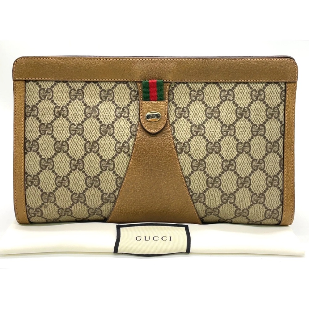 Authentic Gucci GG PVC Sherry Line Beige Clutch Bag W/Dustbag & with COA